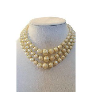 Vintage Carnegie Triple Pearl Faux Necklace, Signed Designer Couture Jewelry